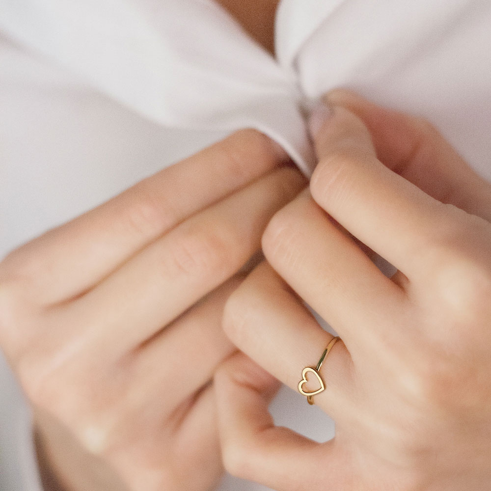 Romantic Heart Ring in Yellow Gold Worn By A Woman