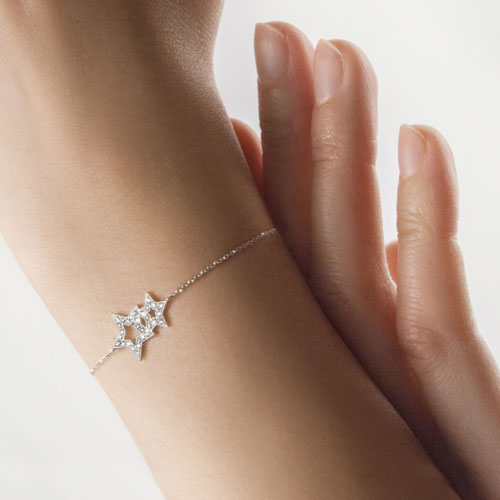 Diamond Bracelet with Two Stars In White Gold Worn By A Woman