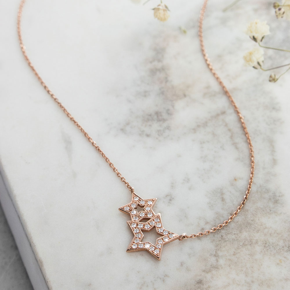 Double Star Diamond Necklace in Rose Gold