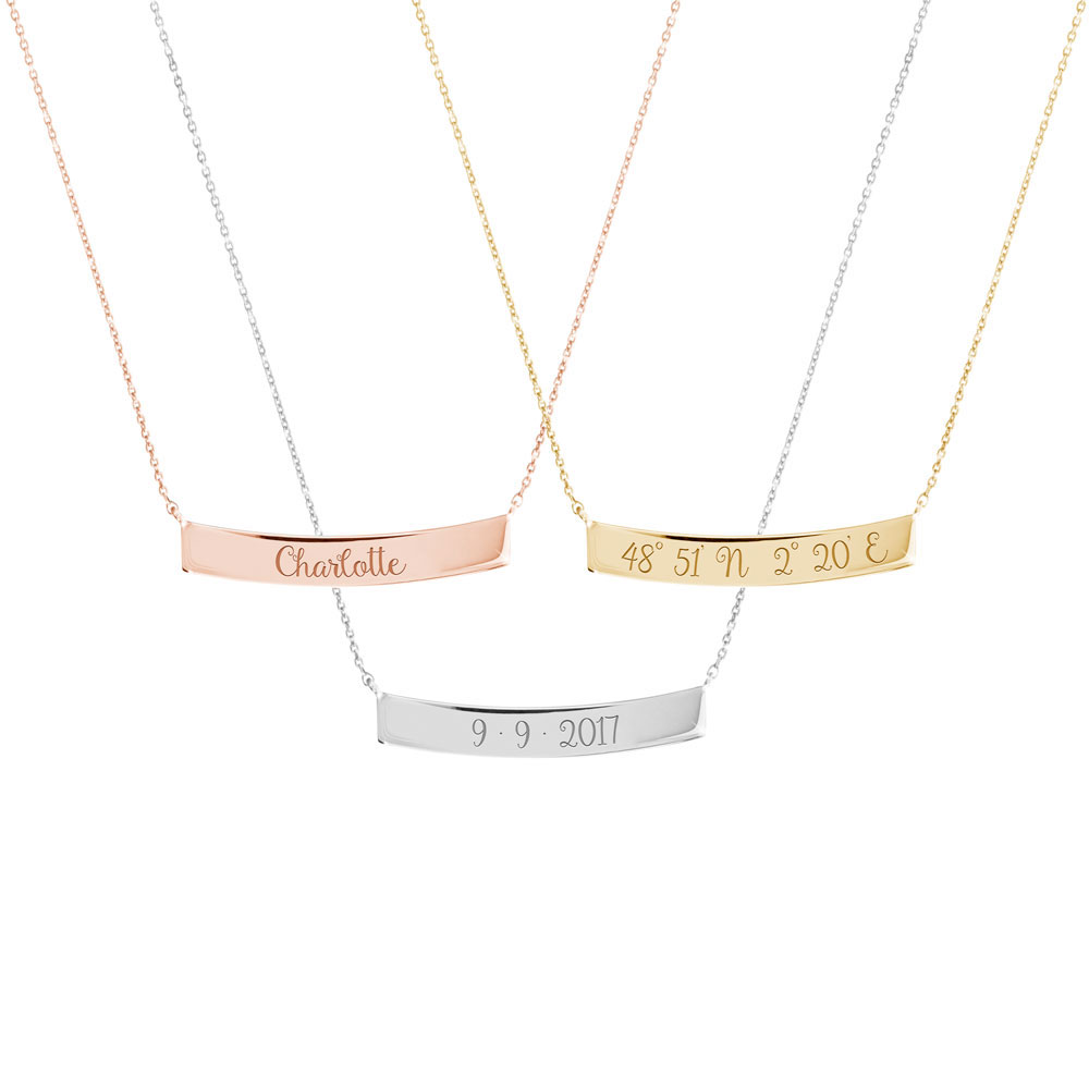 All Three Options Of The Gold Bar Necklace with Engraved Coordinates