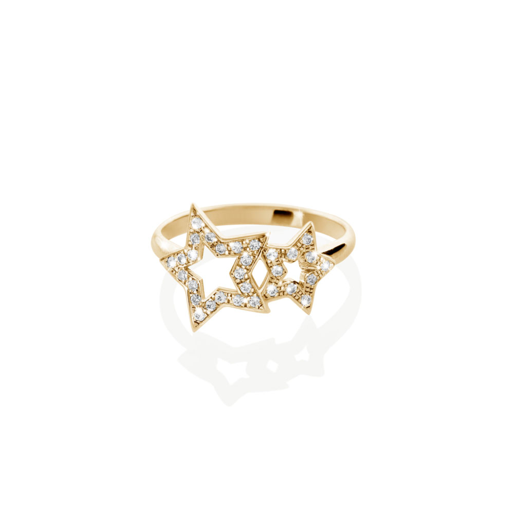 Diamond Yellow Gold Ring with Two Stars