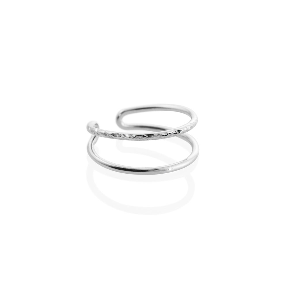 Solid White Gold Double Band Ring, Half Polished-Half Hammered