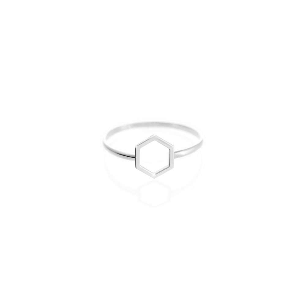 White Gold Band Ring with a Small Hexagon