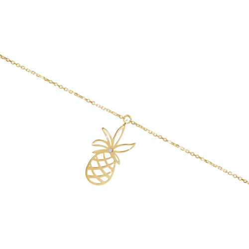 Yellow Gold Pineapple Charm Anklet with White Natural Diamond