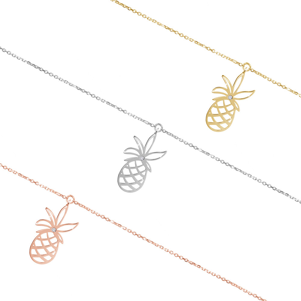 All Three Options Of The Gold Pineapple Charm Anklet with White Natural Diamond