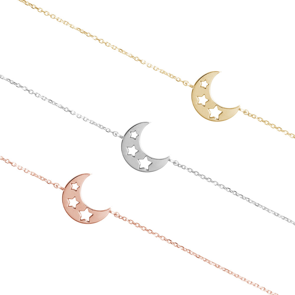 All Three Options Of The Dainty Half Moon and Stars, A Unique Gold Bracelet