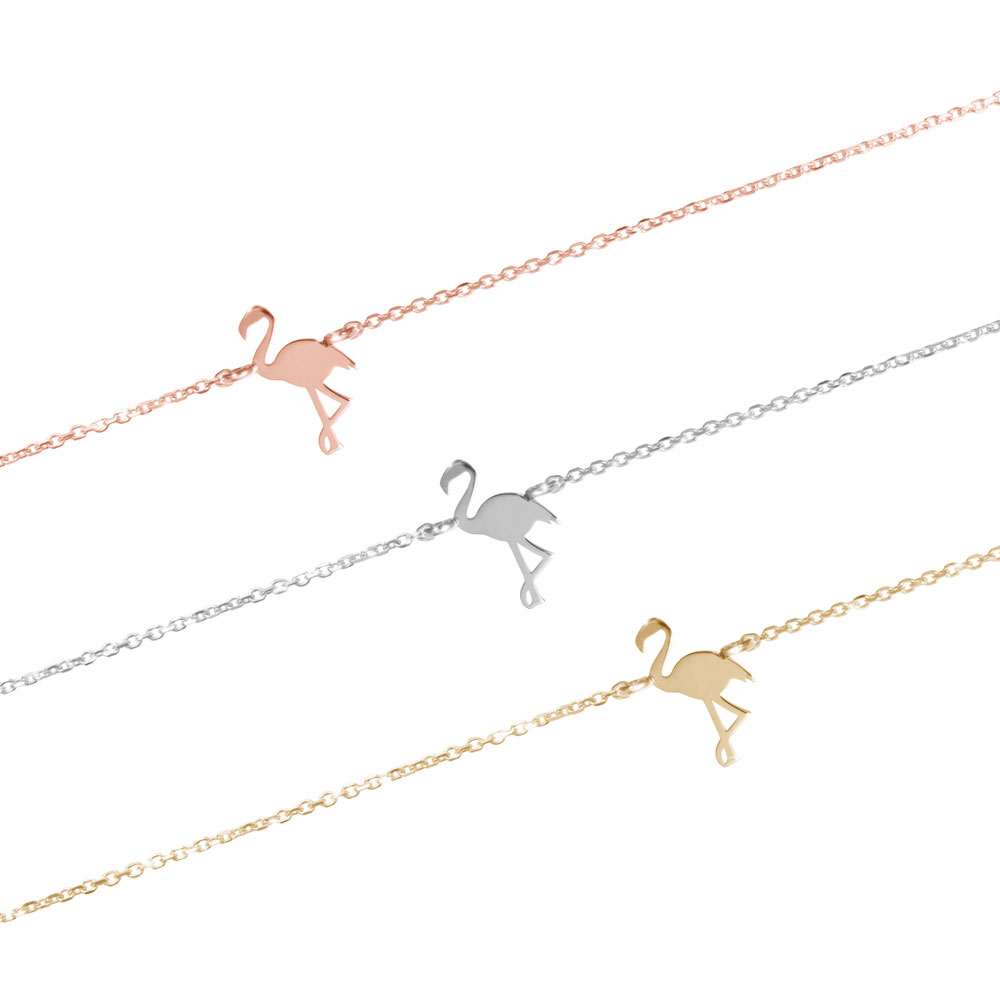All Three Options Of The Dainty Flamingo Charm Bracelet in Solid Gold