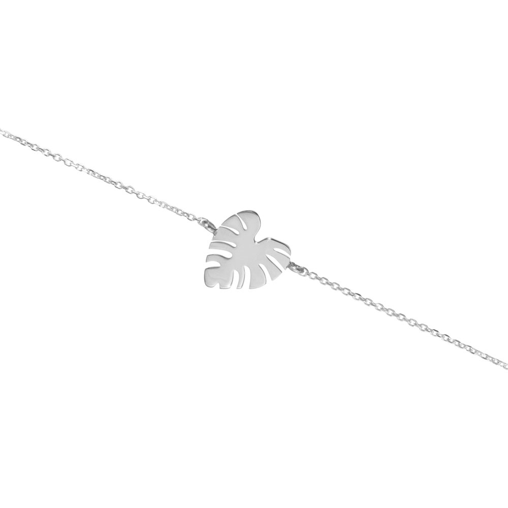 White Gold Charm Bracelet with a Tropical Monstera Leaf