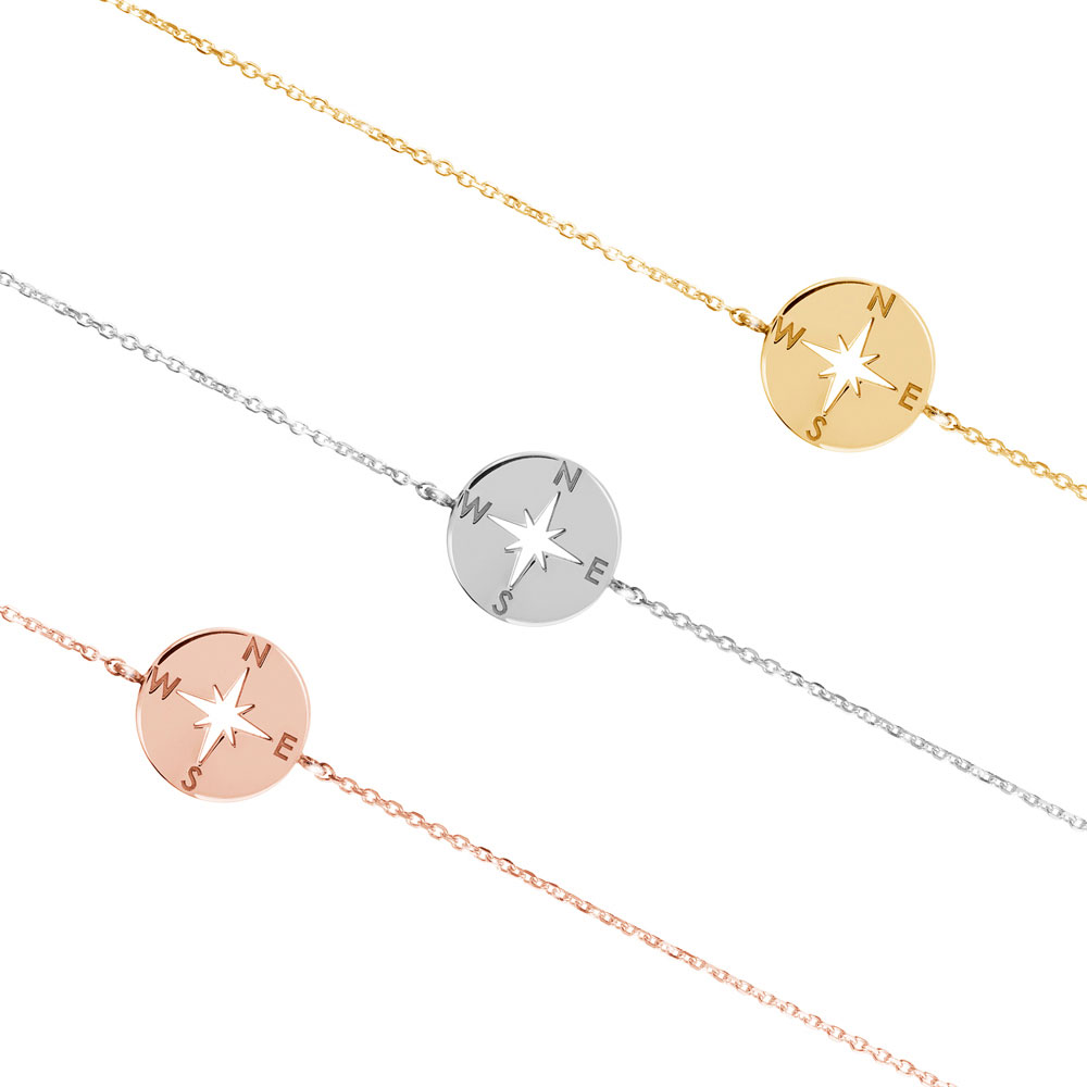 All Three Options Solid Gold Compass Charm Bracelet
