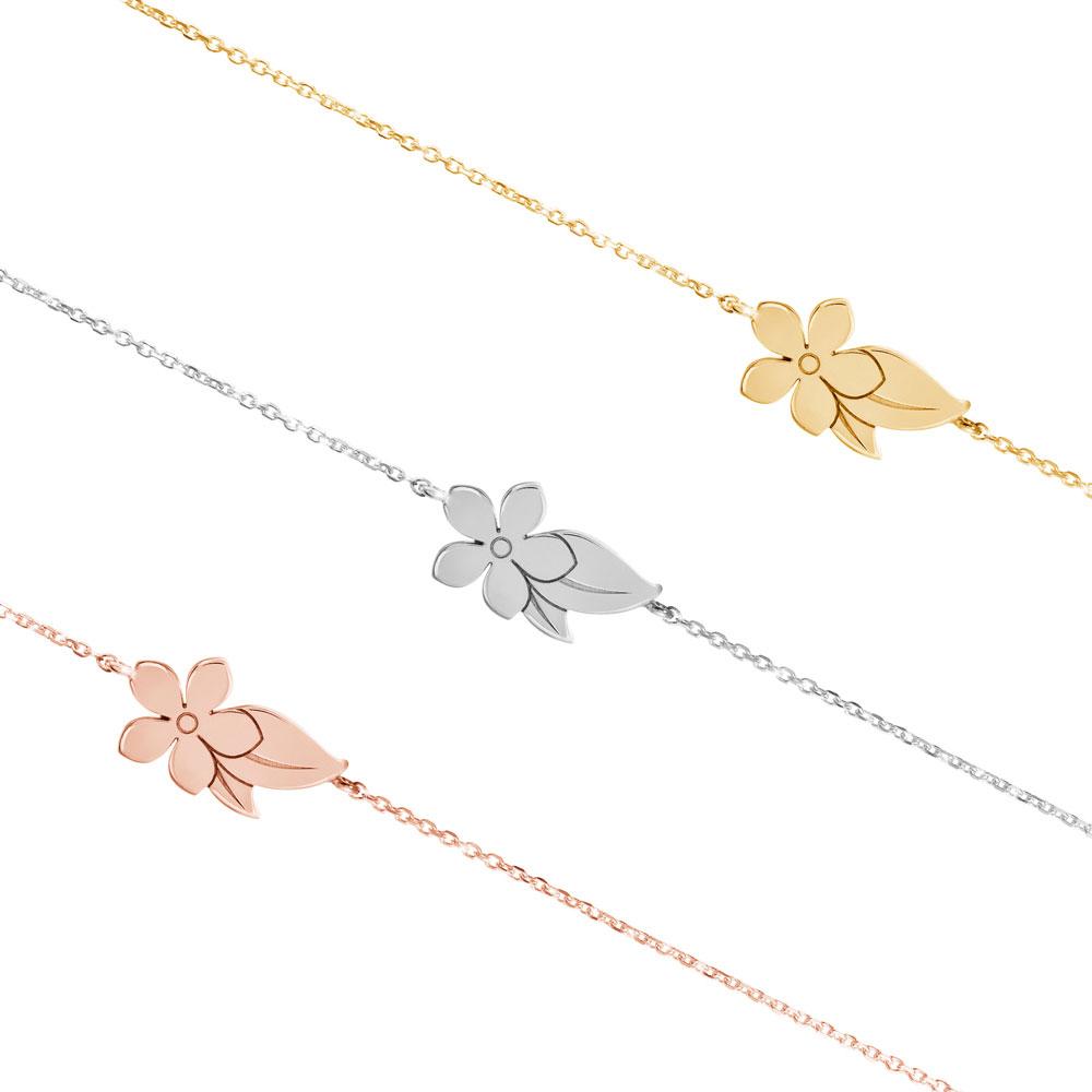 All Three Options Of The Solid Gold Bracelet with a Flower and Leaf Charm