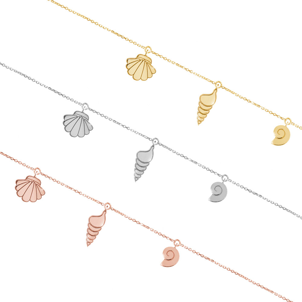 All Three Options Of The Gold Bracelet with Dangling Multiple Seashell Charms