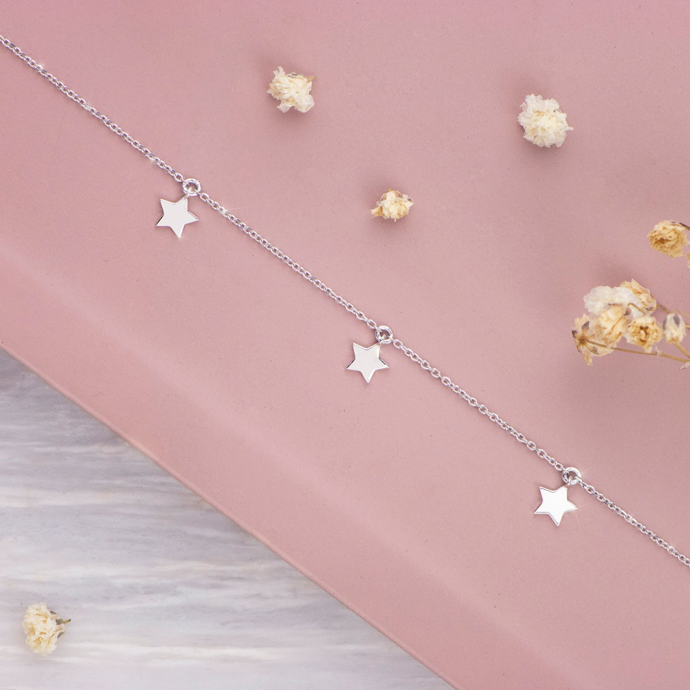 Dainty Bracelet with Tiny White Gold Stars Dangling