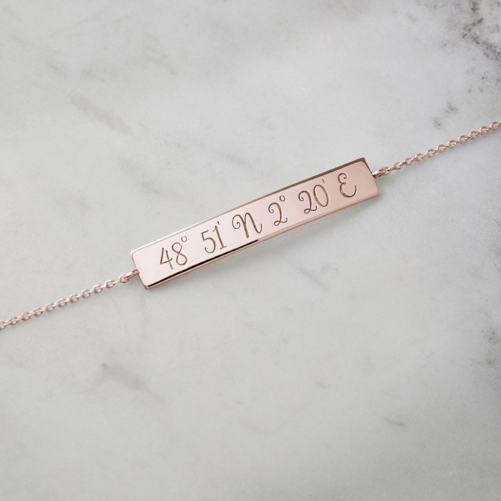 Engraved Coordinates on a Thin Bar Bracelet in Rose Gold