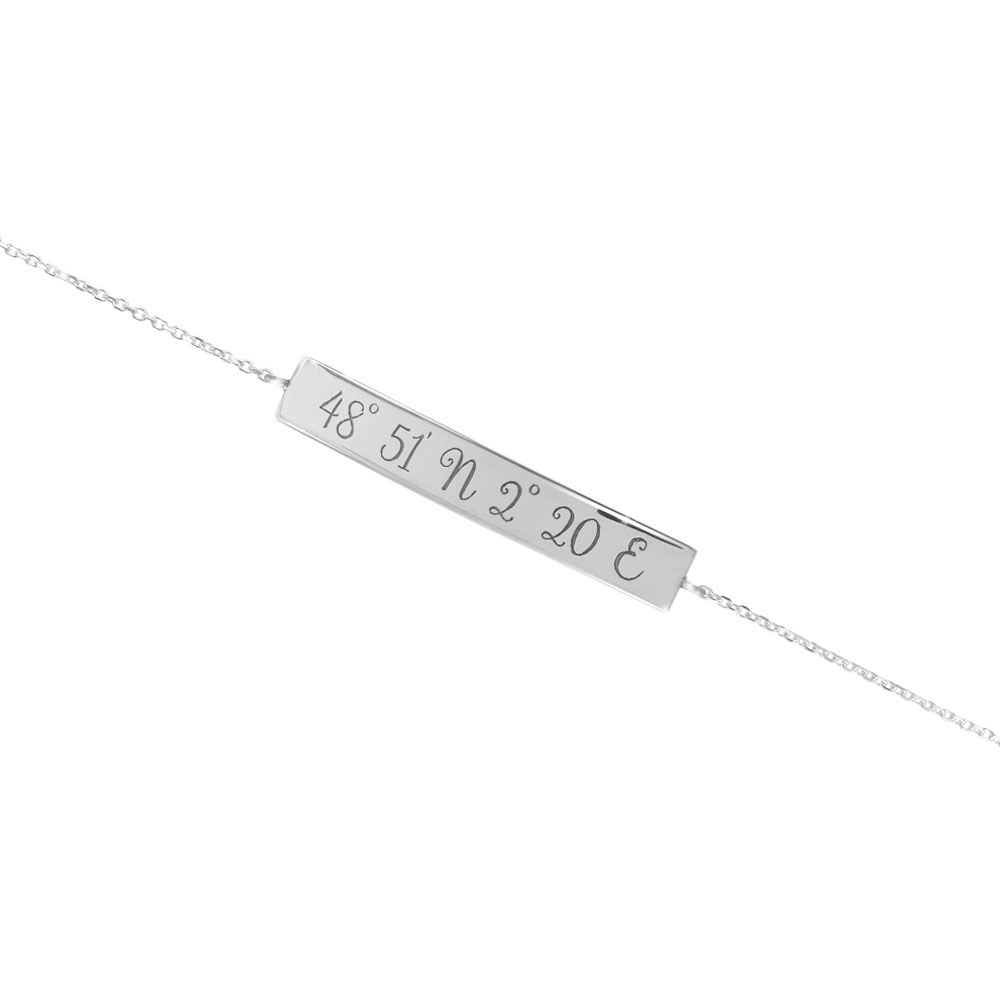 Engraved Coordinates on a Thin Bar Bracelet in White Gold