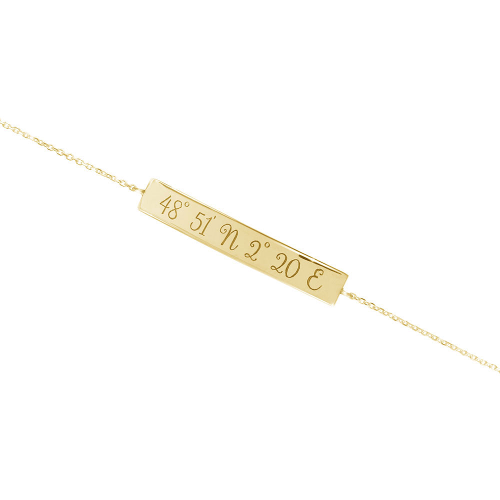 Engraved Coordinates on a Thin Bar Bracelet in Yellow Gold