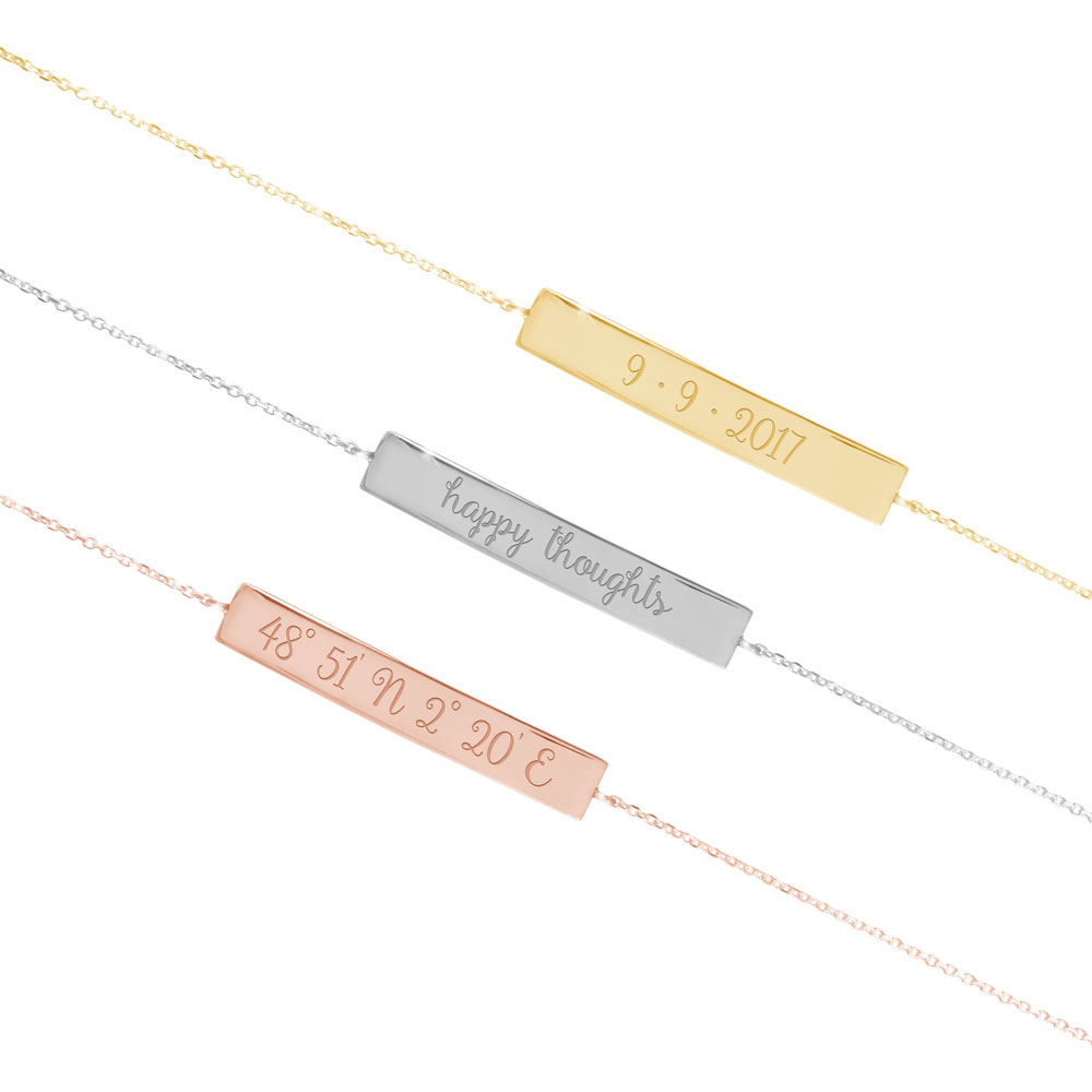 All Three Options Of The Engraved Coordinates on a Thin Bar Bracelet in Solid Gold