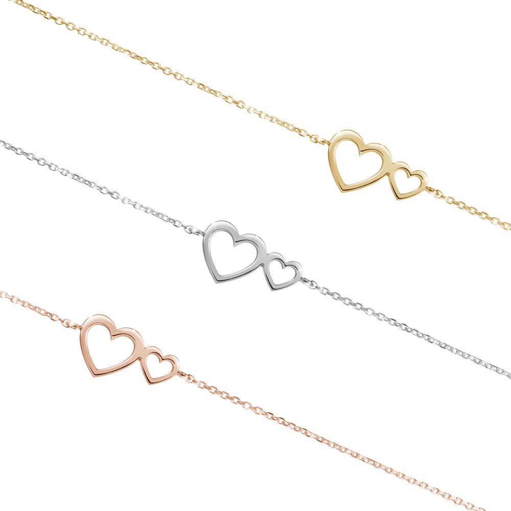 All Three Options Of The Double Heart Charm Bracelet in Solid Gold