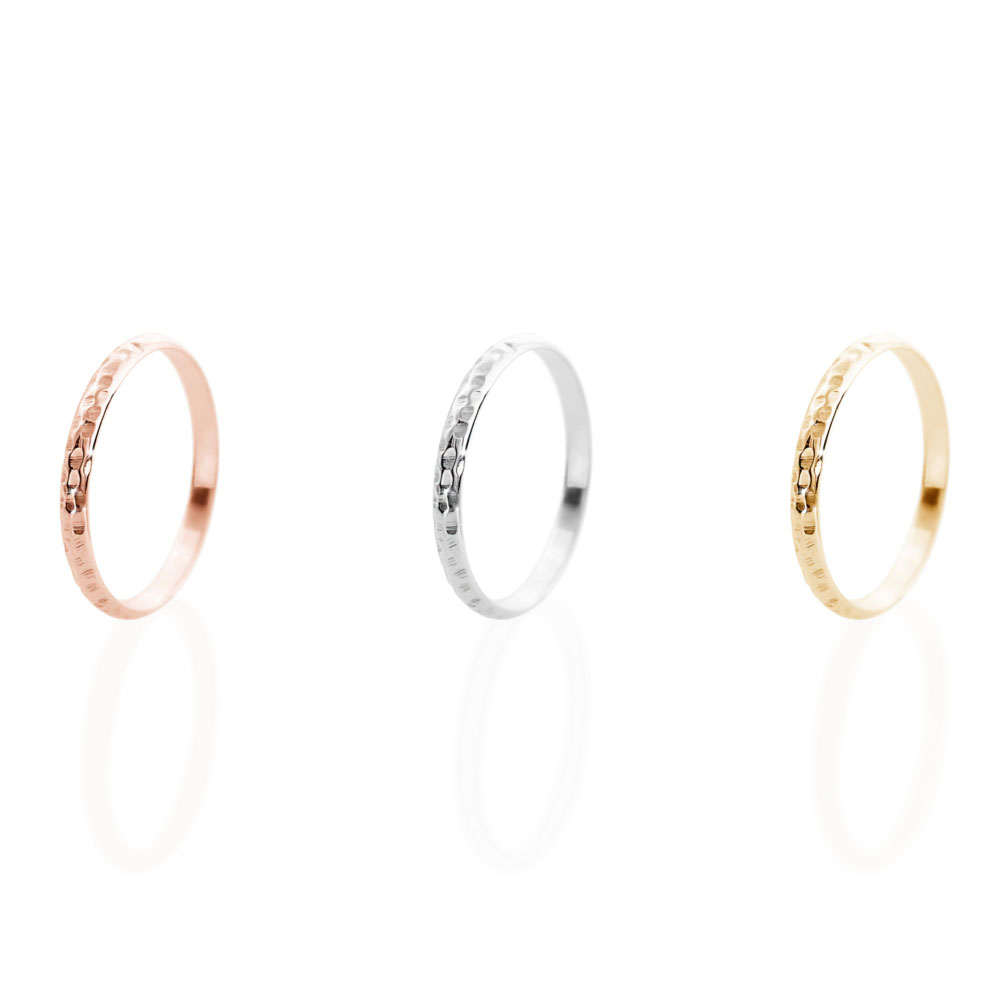 All Three Options Of The Thin Wedding Band with a Hammered Finish in Solid Gold