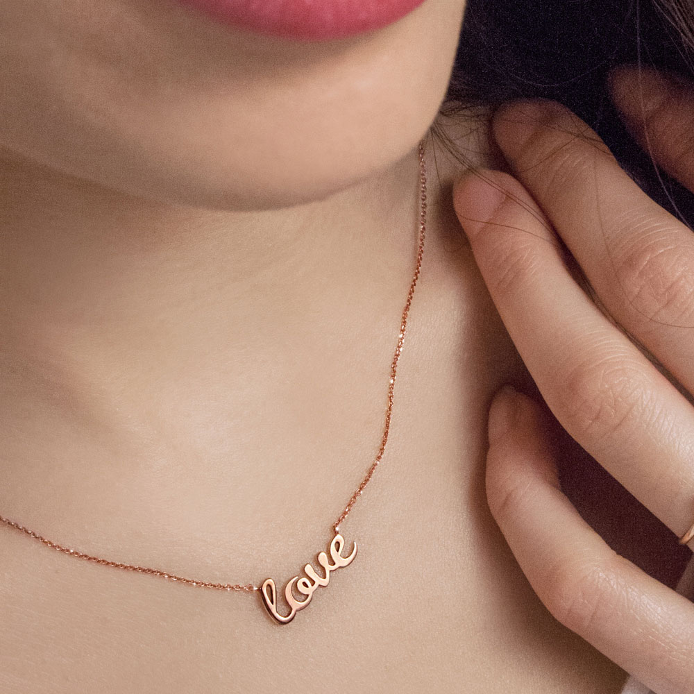 Unique Love Necklace in Rose Gold Worn By A Woman
