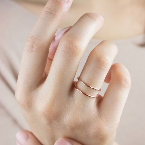 Rose Gold Double Band Ring, Half Polished-Half Hammered Worn By A Woman