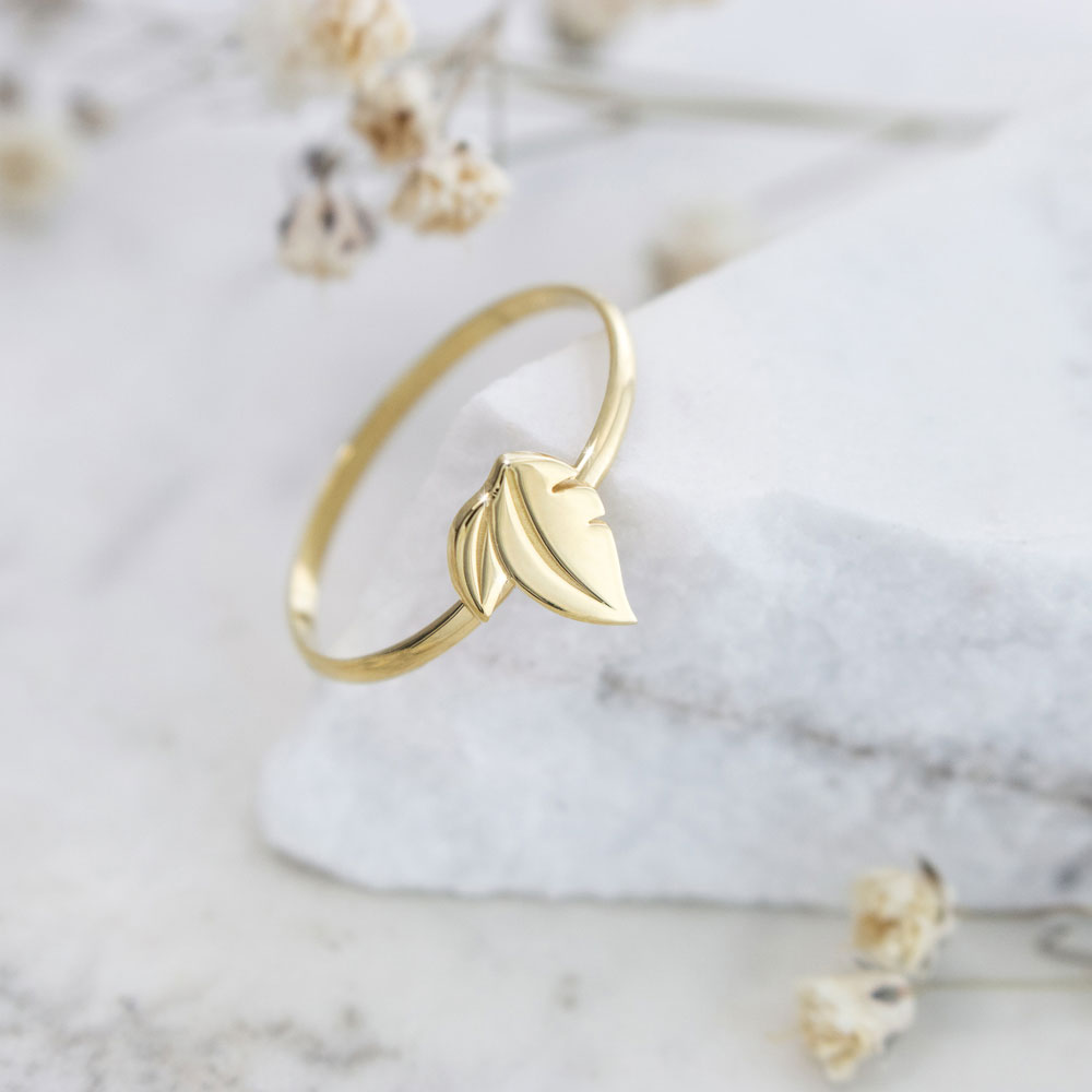 Delicate Double Leaf Yellow Gold Ring