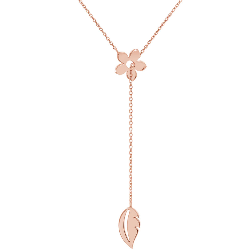 Gold Lariat Style Necklace with a Flower and a Leaf In Rose Gold