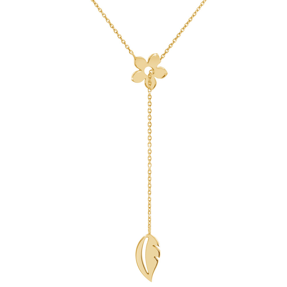 Gold Lariat Style Necklace with a Flower and a Leaf In Yellow Gold