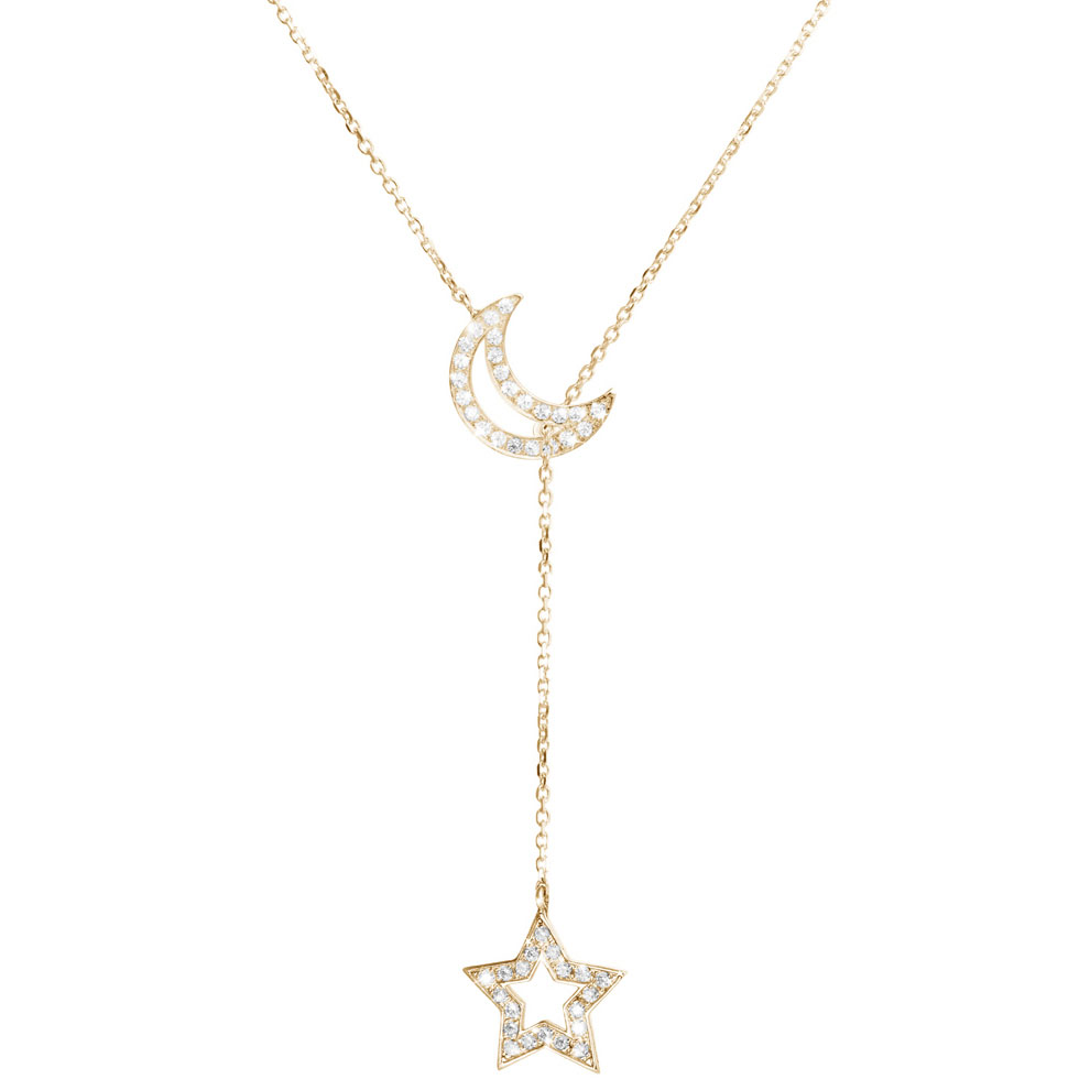 Diamond Moon and Star, Lariat Style Necklace In Yellow Gold