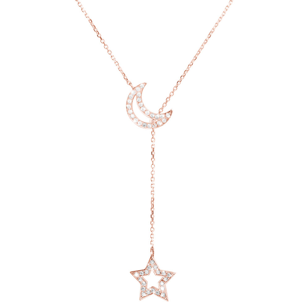 Diamond Moon and Star, Lariat Style Necklace In Rose Gold