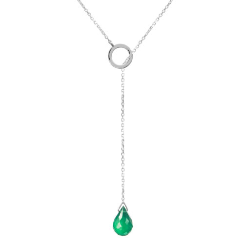 White Gold Lariat Style Necklace with a Green Agate