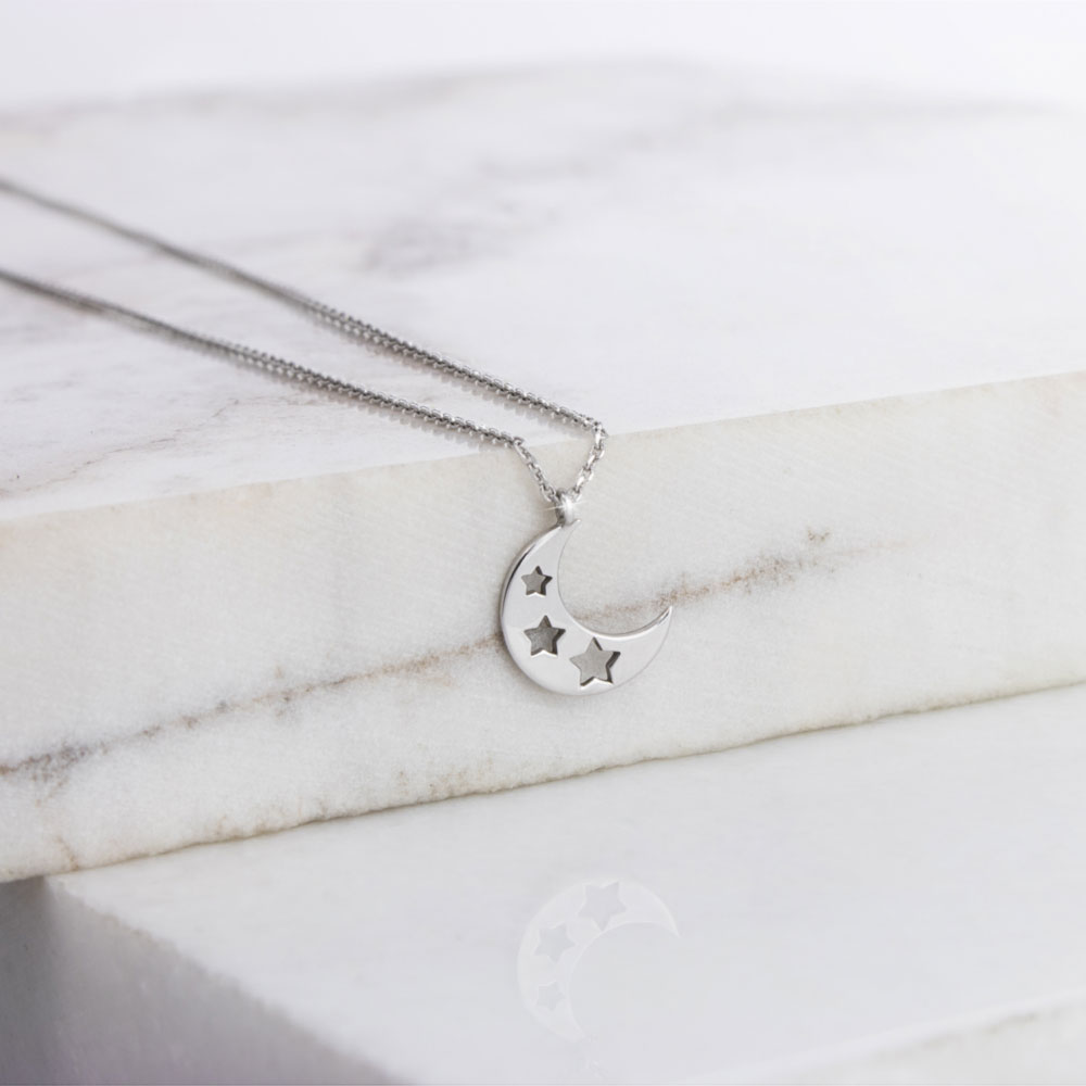 Crescent Moon with Stars Pendant Necklace In White Gold