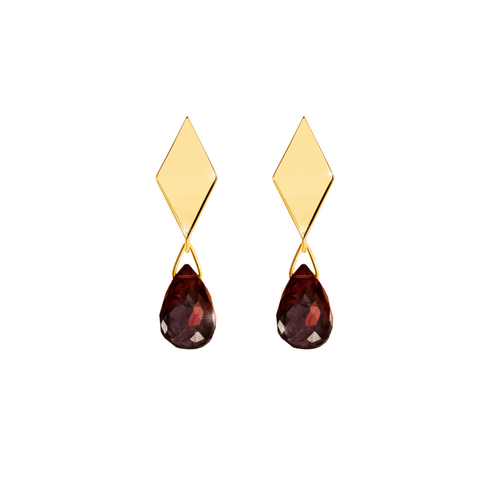 Rhombus Yellow Gold Studs with a Tiny Dangling Garnet