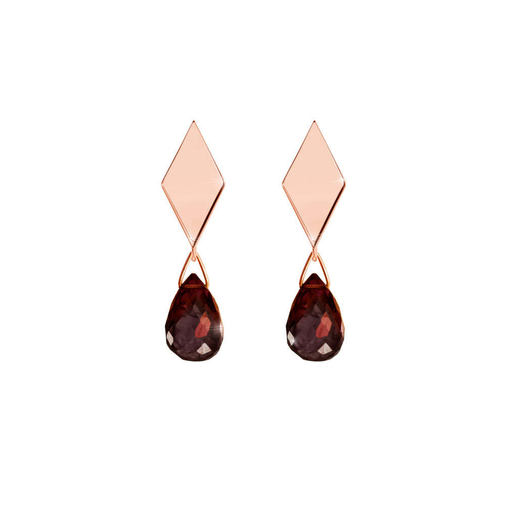 Rhombus Rose Gold Studs with a Tiny Dangling Garnet