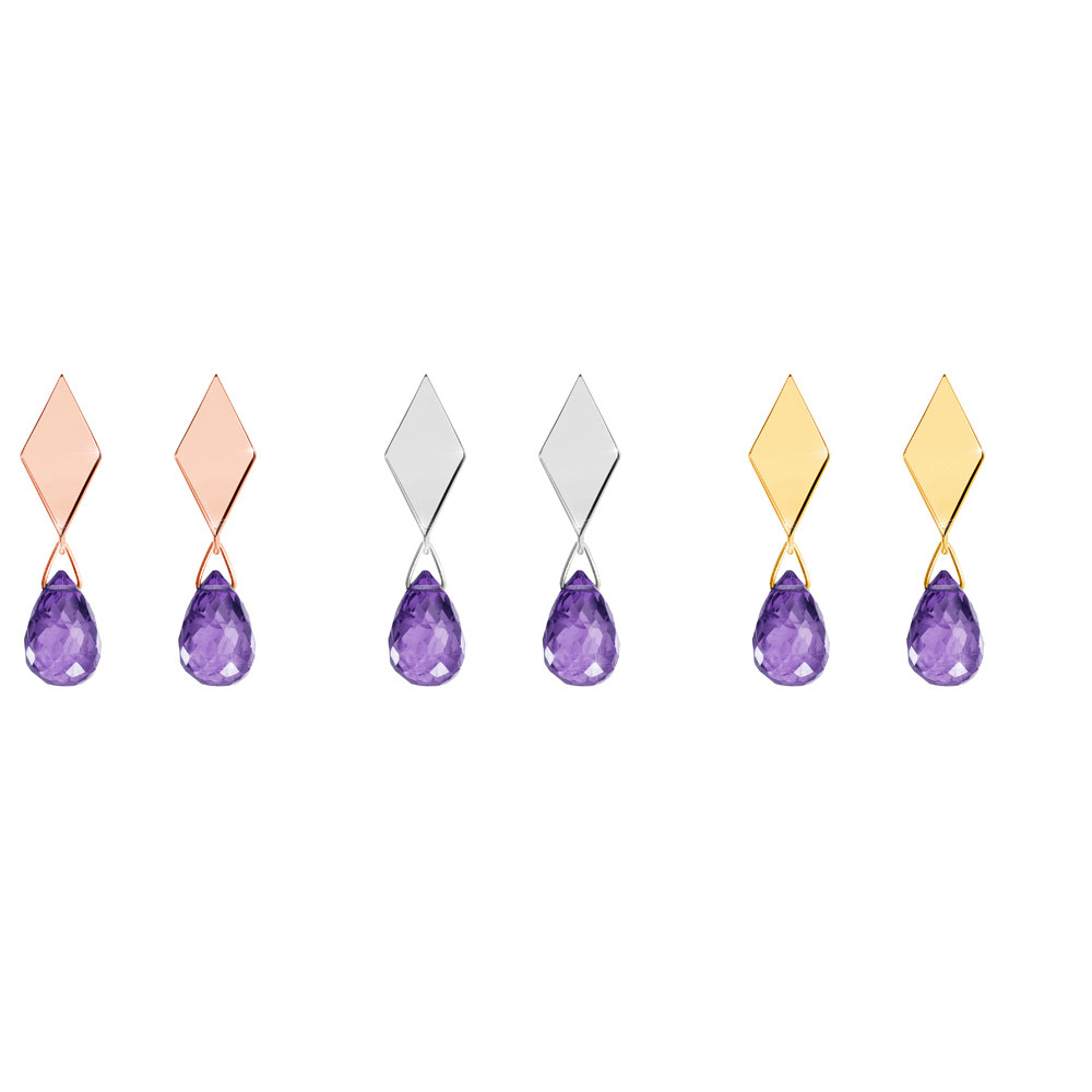 All Three Options Of The Small Dangling Amethyst With Gold Rhombus Stud Earrings