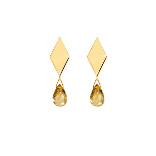 Rhombus Yellow Gold Studs with a Tiny Dangling Citrine