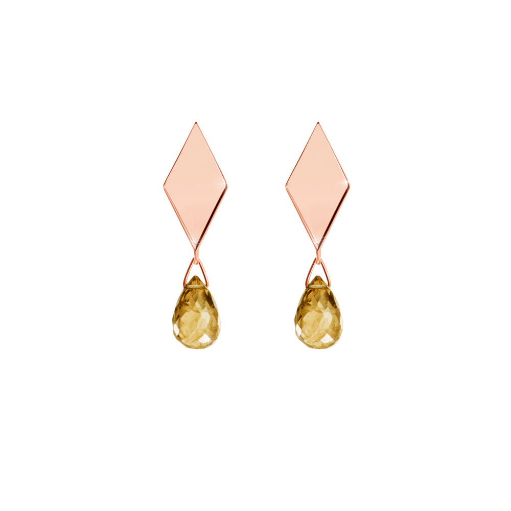 Rhombus Rose Gold Studs with a Tiny Dangling Citrine