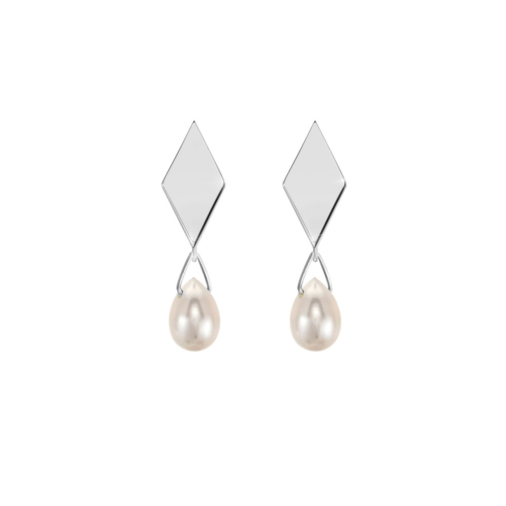 Rhombus White Gold Studs with a Tiny Dangling White Pearl