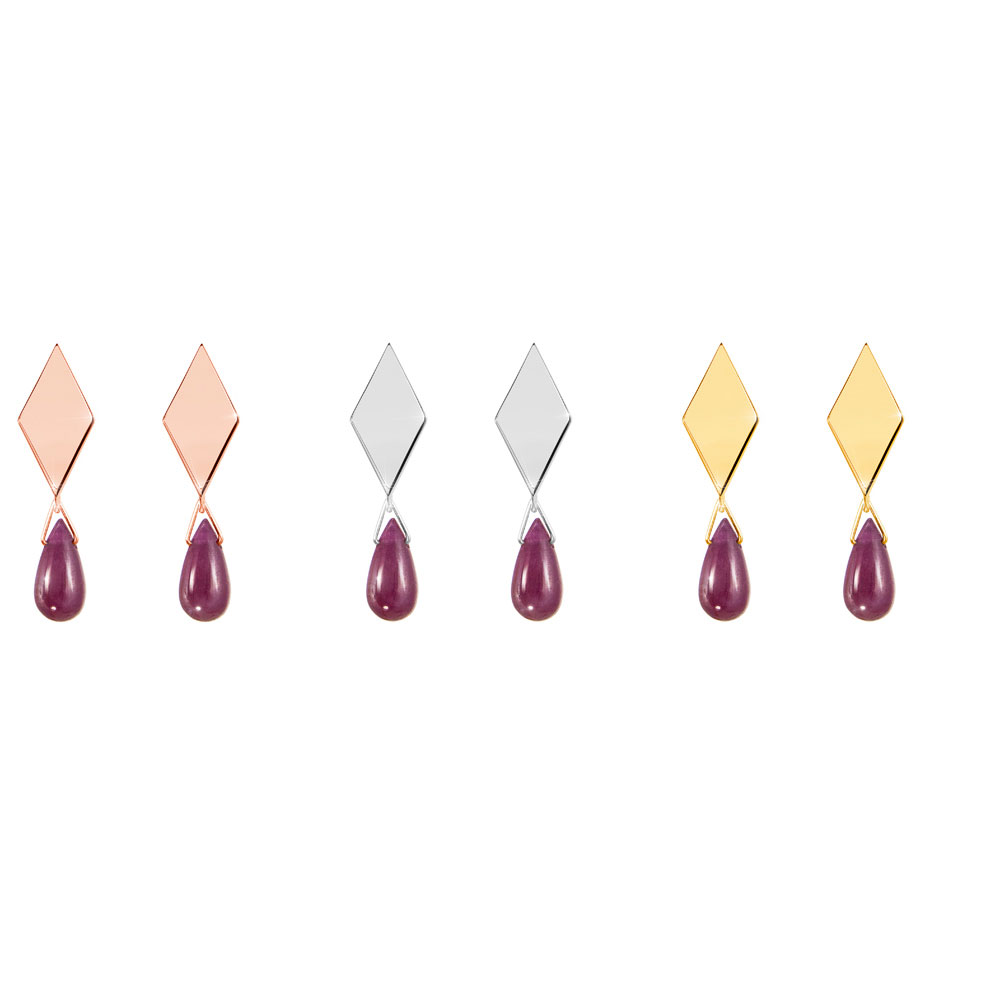 All Three Options Of The Tiny Dangling Ruby In Solid Gold Rhombus Stud Earrings
