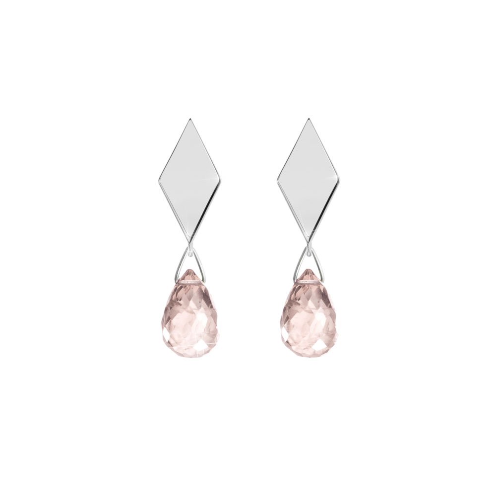 Small Dangling Pink Quartz In White Gold Rhombus Stud Earrings