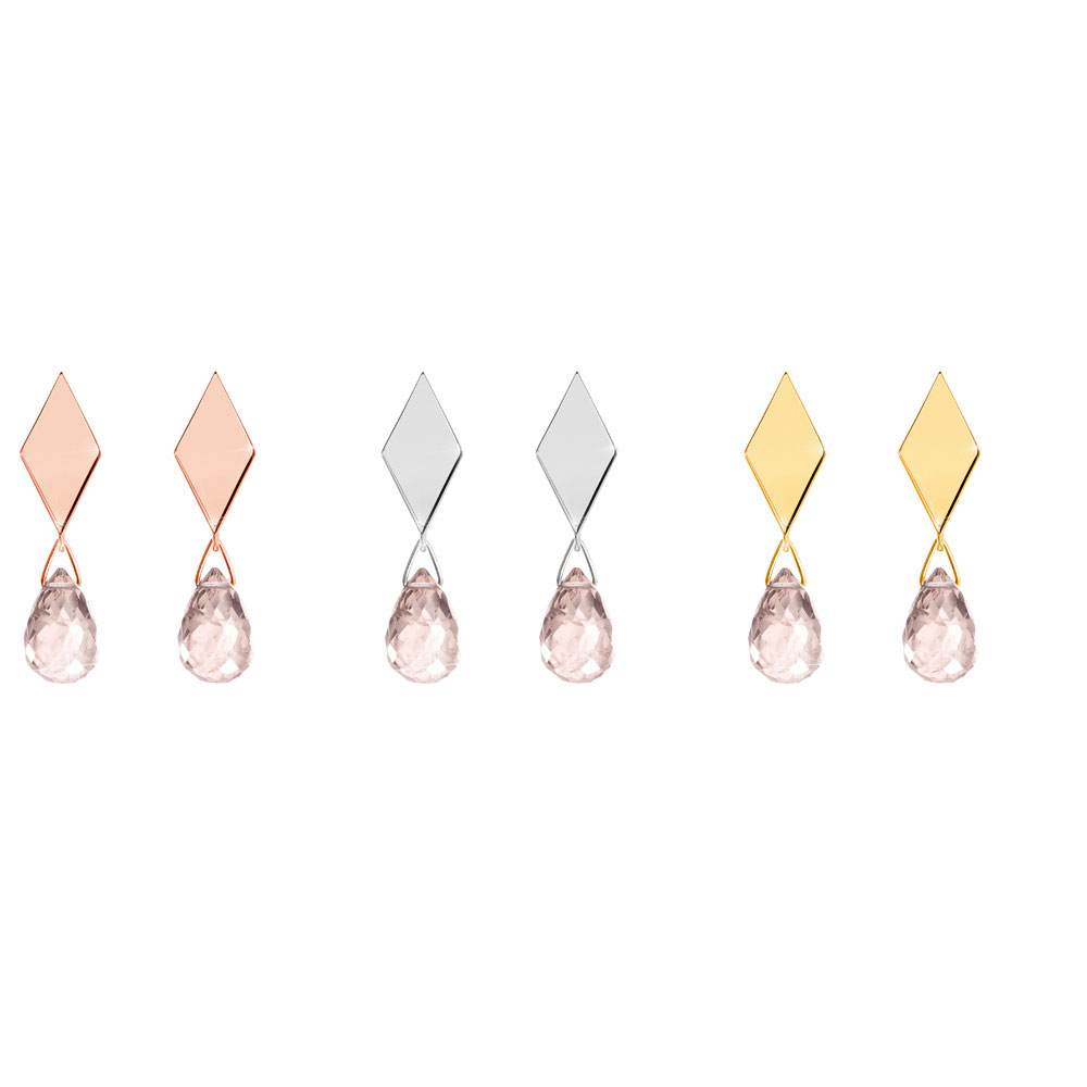 All Three Options Of The Small Dangling Pink Quartz in Rose Gold Rhombus Stud Earrings