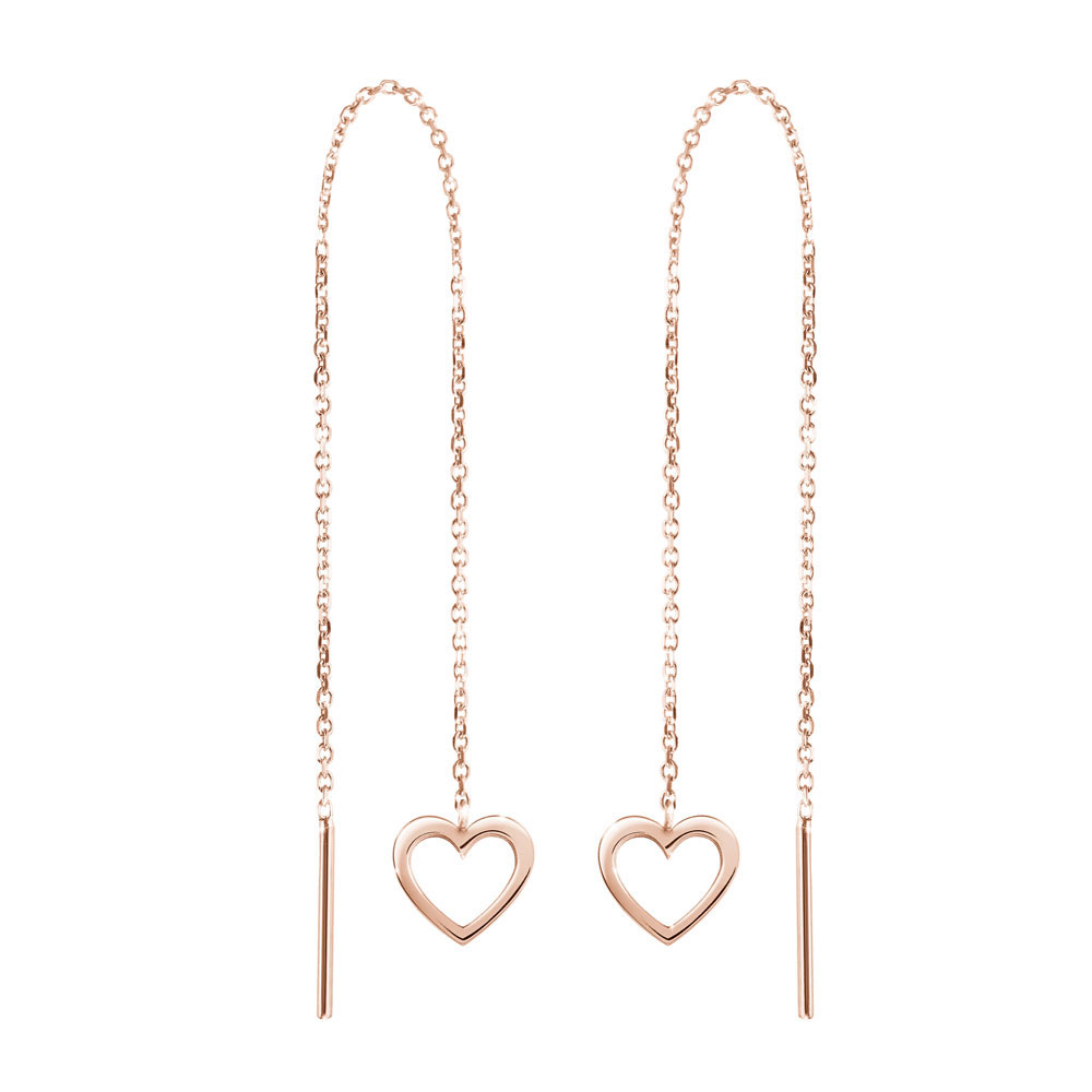 Romantic Rose Gold Threader Earrings with a Dainty Heart