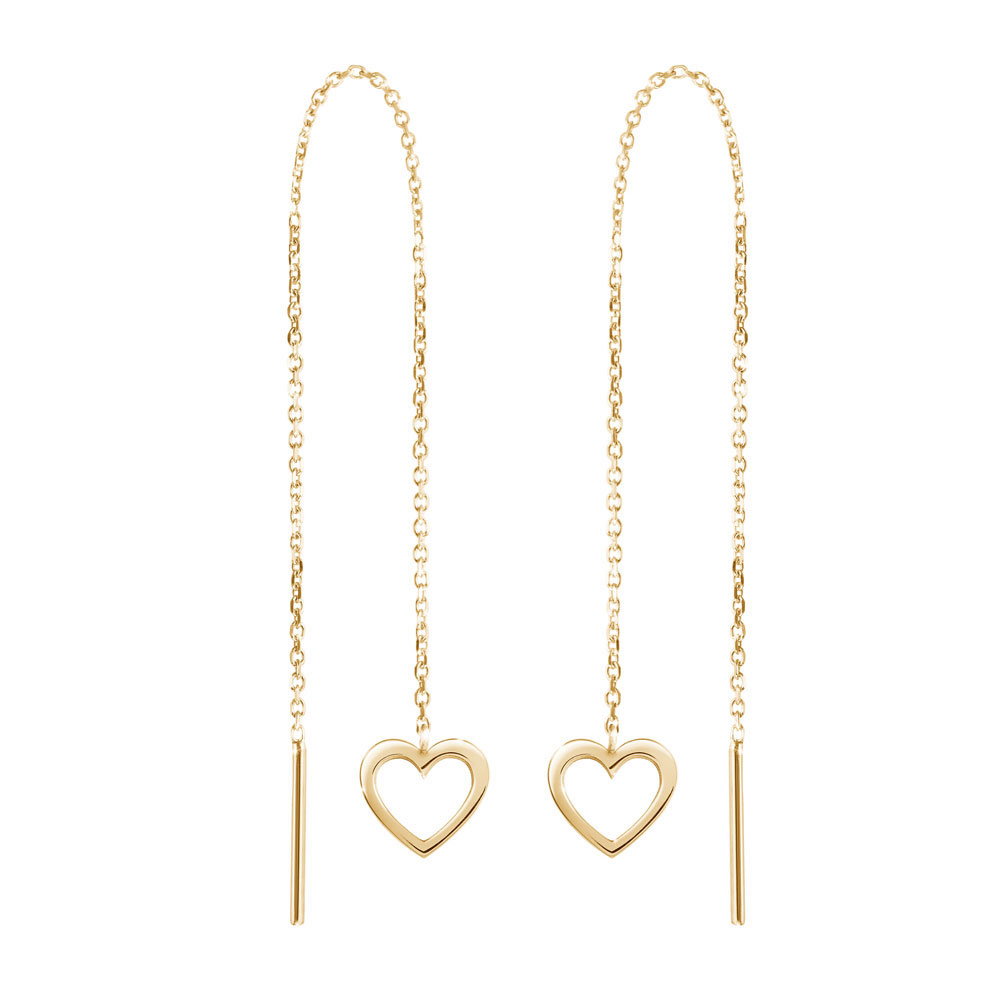 Romantic Yellow Gold Threader Earrings with a Dainty Heart