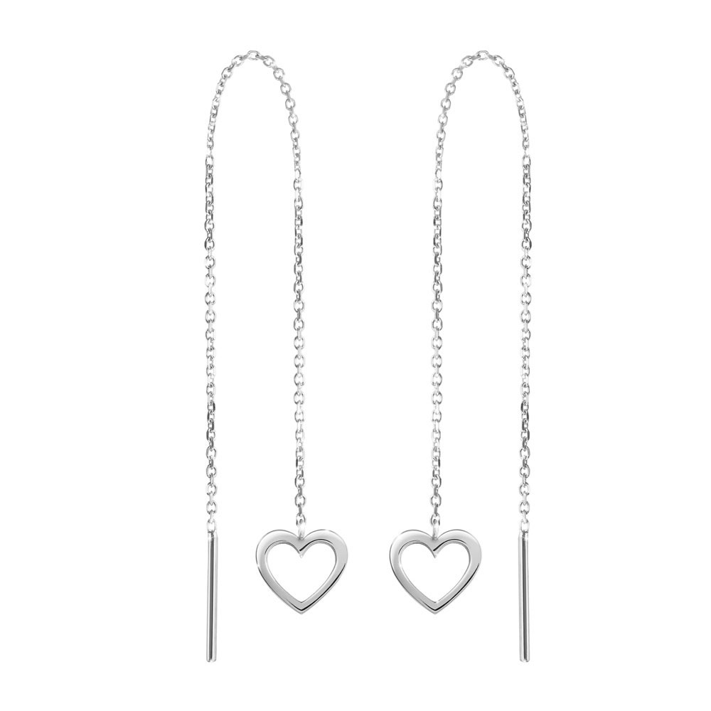 Romantic White Gold Threader Earrings with a Dainty Heart