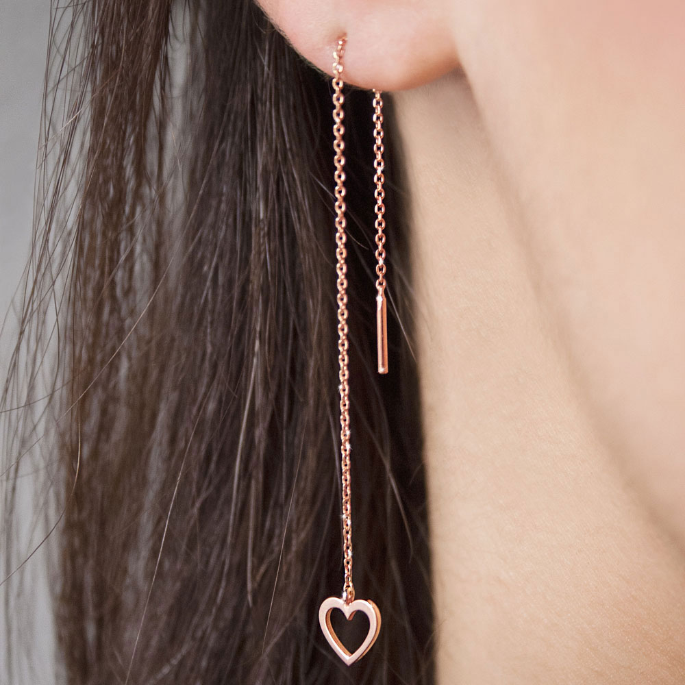 Romantic Rose Gold Threader Earrings with a Dainty Heart Worn By A Woman