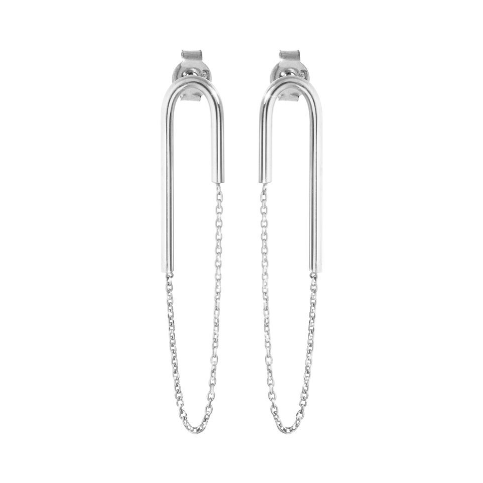 Long Asymmetrical Earrings with Wire and Chain In White Gold