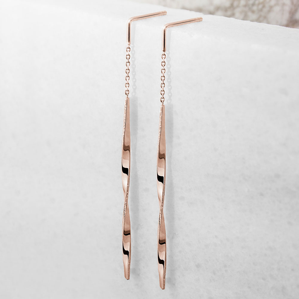 Long Rose Gold Dangling Earrings with a Twisted Bar