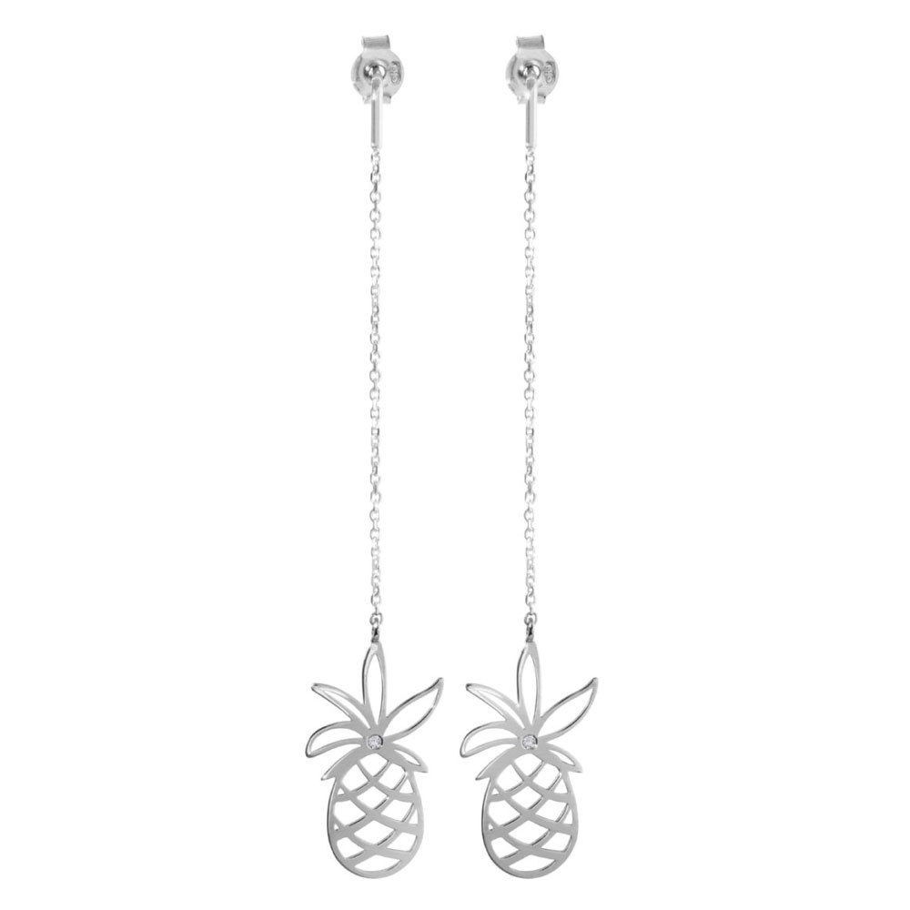 Long White Gold Earrings with a Pineapple and a Tiny Diamond