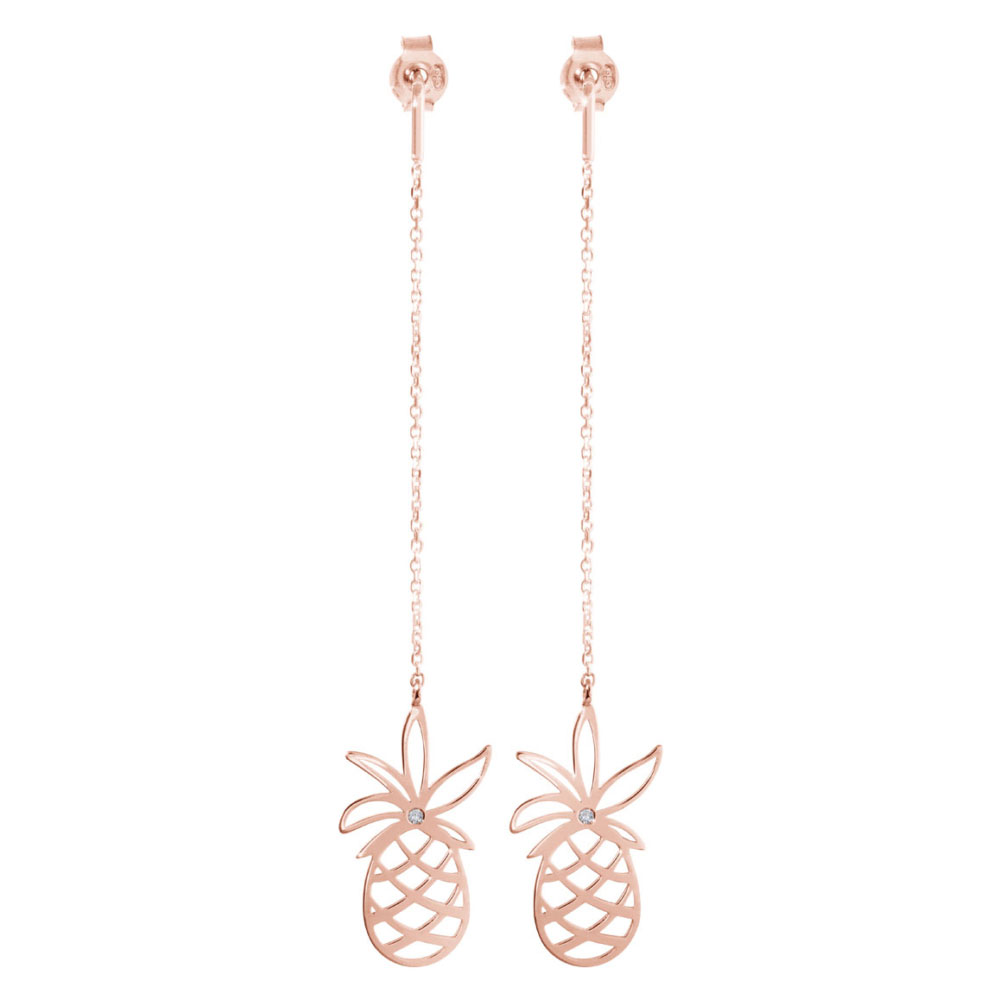 Long Rose Gold Earrings with a Pineapple and a Tiny Diamond
