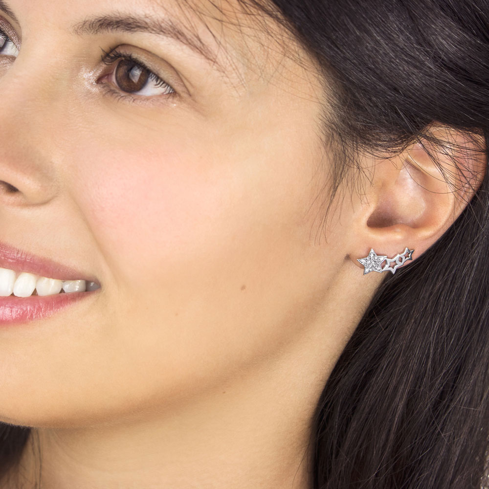Diamond Star Climber Earrings in White Gold Worn By A Woman