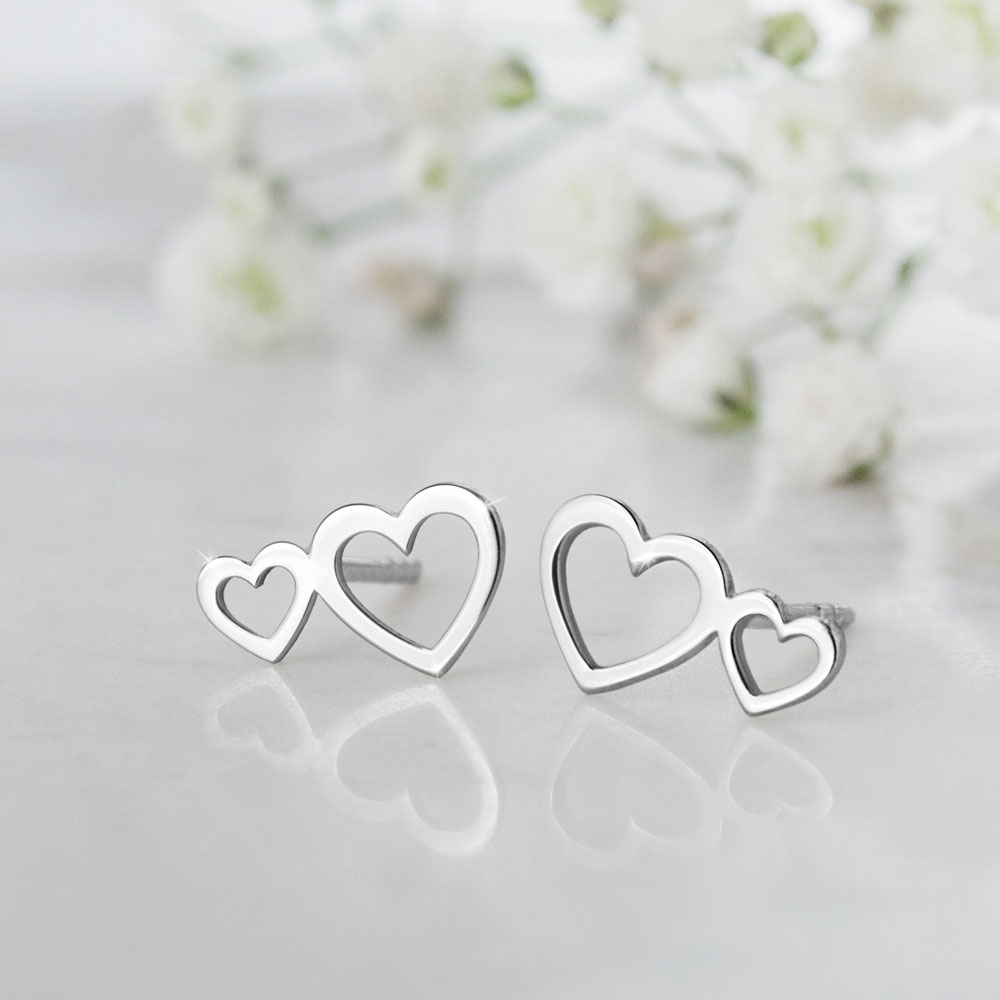 Double Heart Studs in White Gold